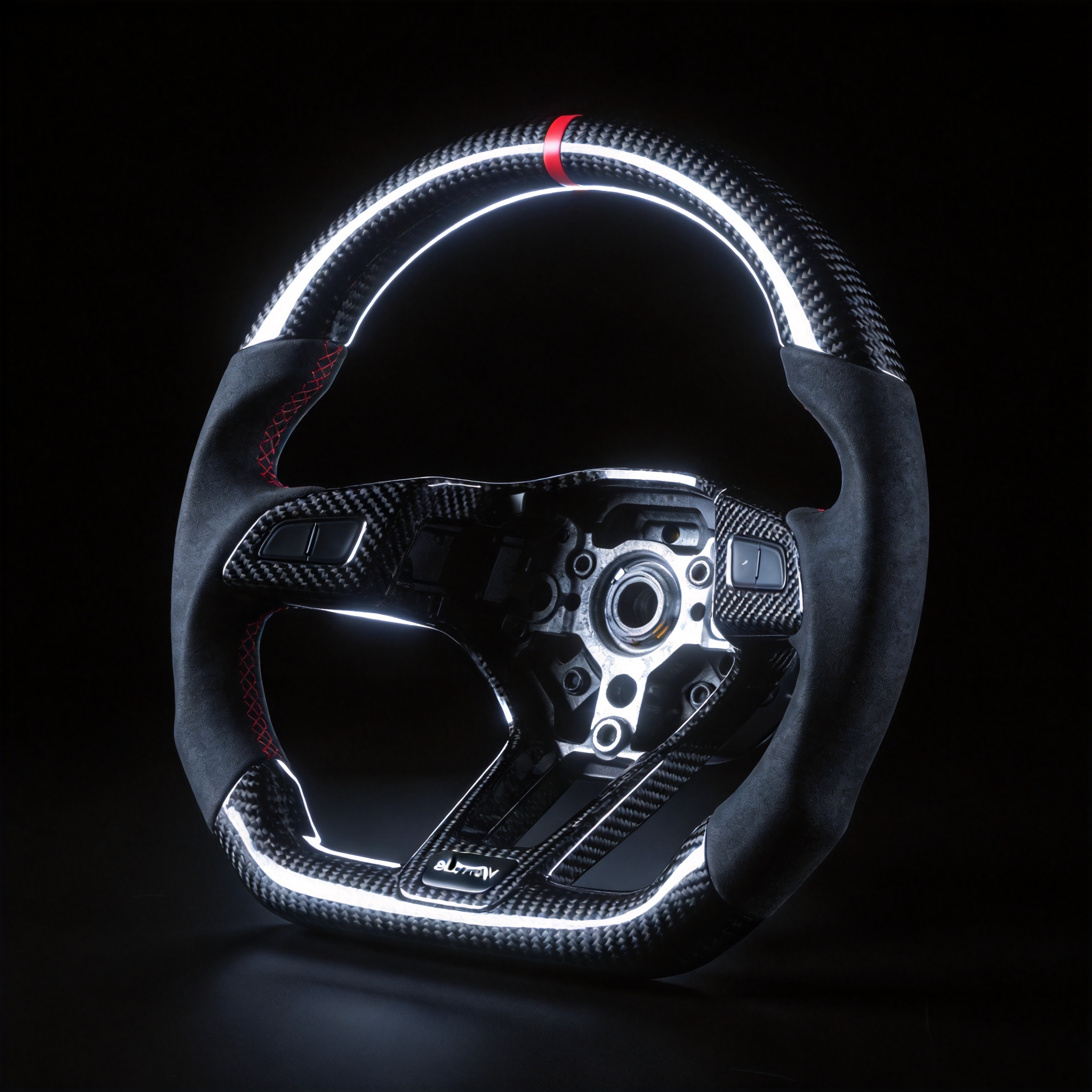 3D steering wheel configurator preview — custom carbon fiber steering wheel with red stitching