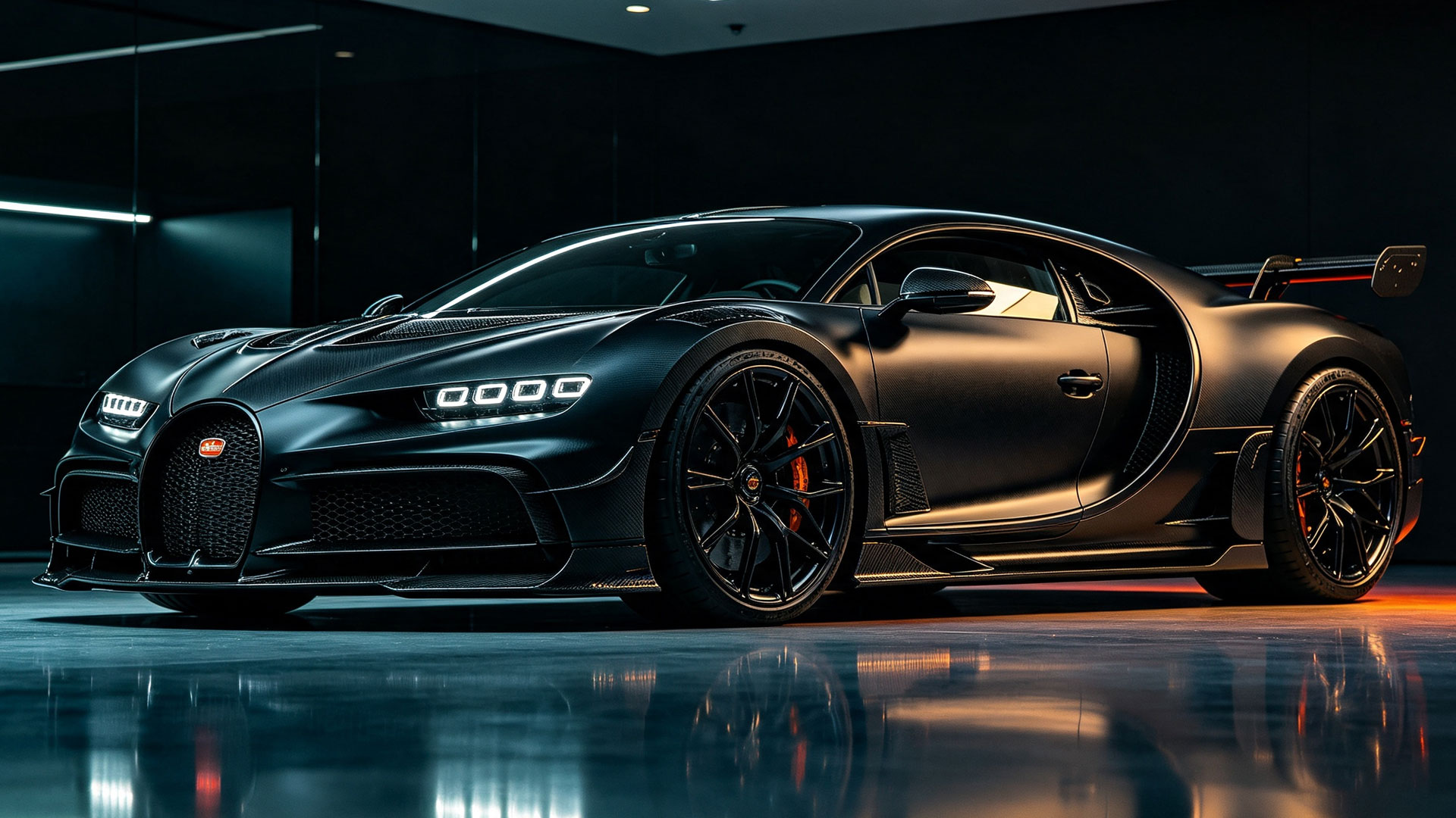 Modified Bugatti Chiron with full carbon fiber body kit — forged carbon hood, front lip, side skirts, and rear wing