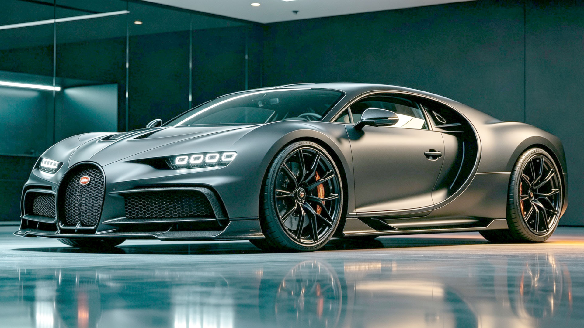 Stock Bugatti Chiron — factory matte grey exterior